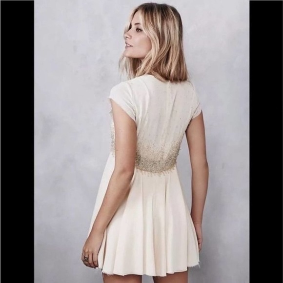 Free People Champagne Sequin Beaded Embellished Chiffon Formal Babydoll Dress - Picture 7 of 11